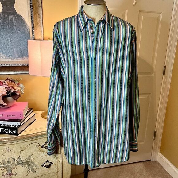 EEUC Men's Robert Graham Striped‎ Shirt Contrasting Cuff Lining Size XLT XL Tall - Picture 2 of 8
